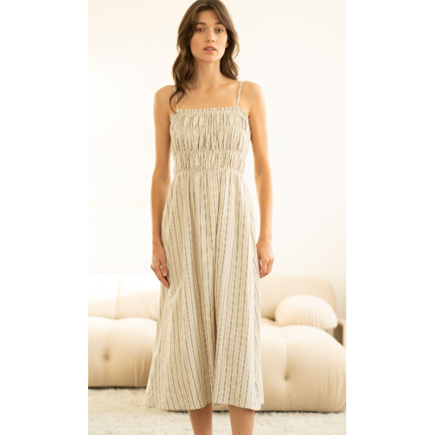 Linda Smocked Sleeveless Striped Midi Dress - Ivory Stripe