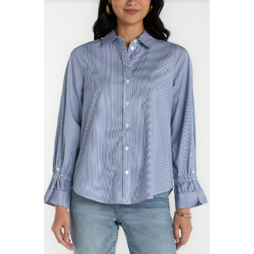 Liverpool Los Angeles Adjustable Sleeve Button Front Top - Blue/White Stripe