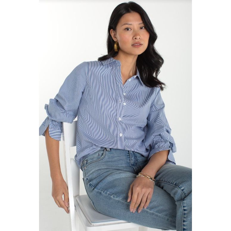 Liverpool Los Angeles Adjustable Sleeve Button Front Top - Blue/White Stripe