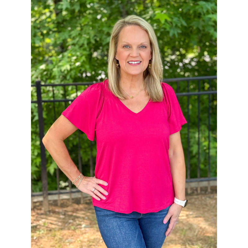 Liverpool Short Flutter Sleeve V-Neck Knit Top - Cerise