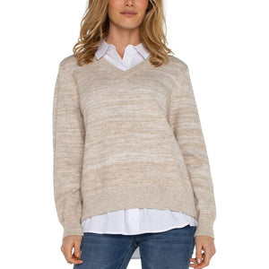 Liverpool Long Sleeve Twofer Collared Sweater - Light Oatmeal