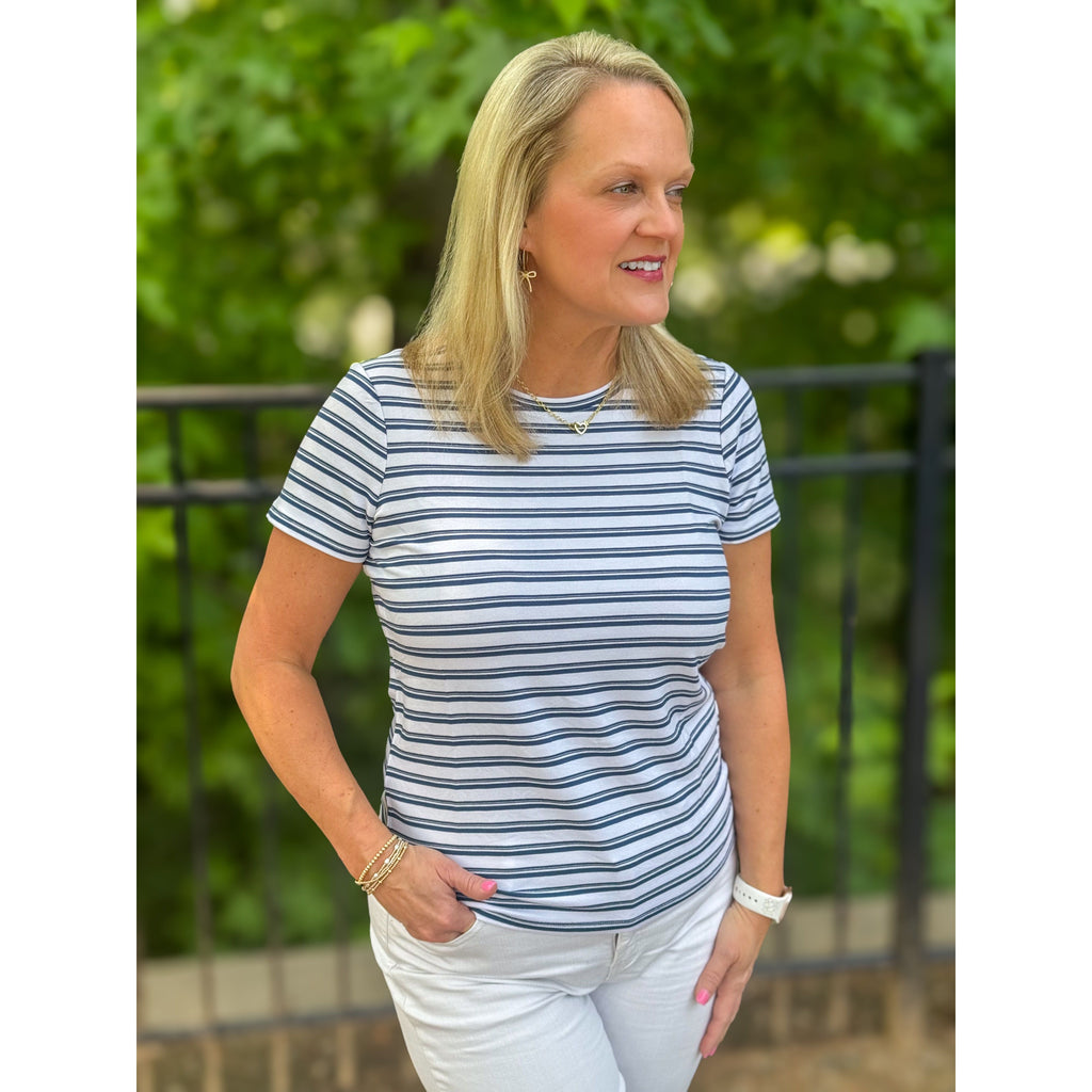 Liverpool Short Sleeve Crew Neck Classic Knit Tee - White Indigo Variegated Stripe