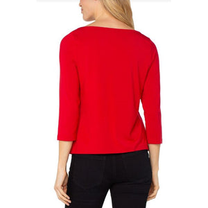 Liverpool 3/4 Sleeve Draped Neck Knit Top - Tango Red