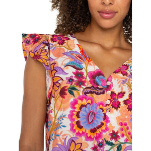 Liverpool Flutter Sleeve Button Front Woven Top - Floral Paradise Multi