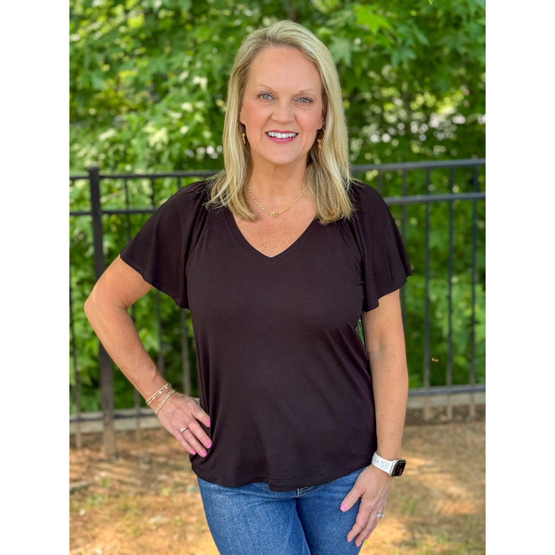 Liverpool Short Flutter Sleeve V-Neck Knit Top - Black