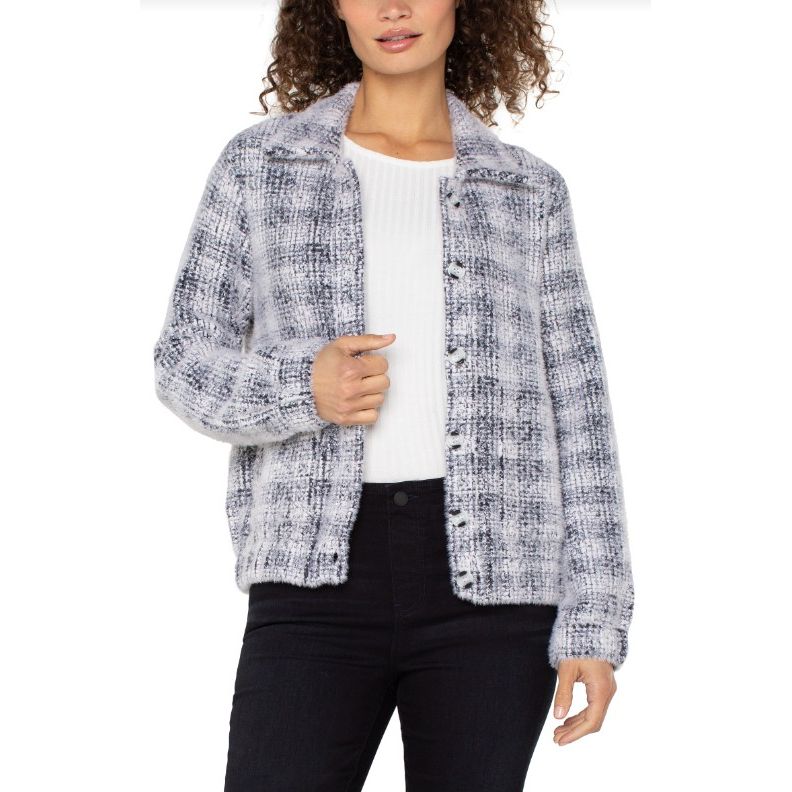Liverpool Long Sleeve Collared Bomber Sweater Jacket - Grey Plaid