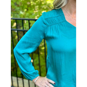 Liverpool Long Sleeve V Neck Woven Blouse - Malachite