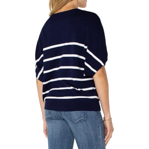 Liverpool Short Sleeve Dolman V-Neck Sweater - Navy White Stripe