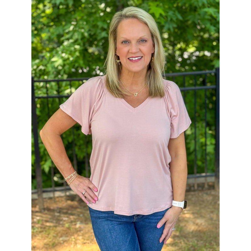 Liverpool Short Flutter Sleeve V-Neck Knit Top - Soft Pink
