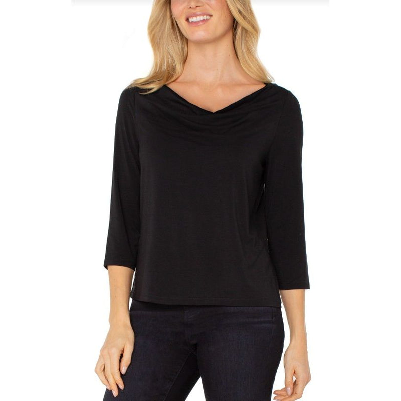 Liverpool 3/4 Sleeve Draped Neck Knit Top - Black