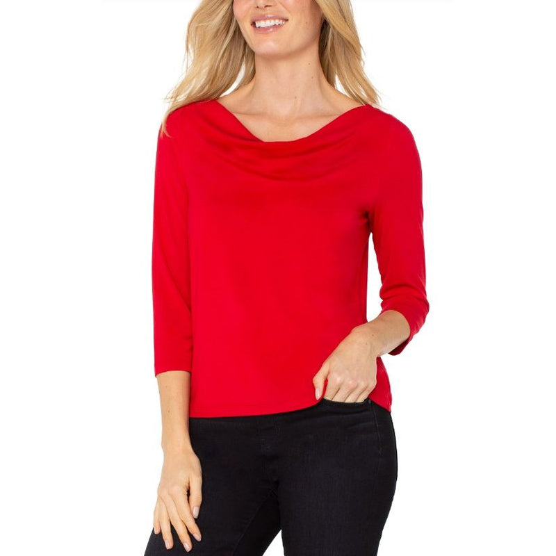 Liverpool 3/4 Sleeve Draped Neck Knit Top - Tango Red