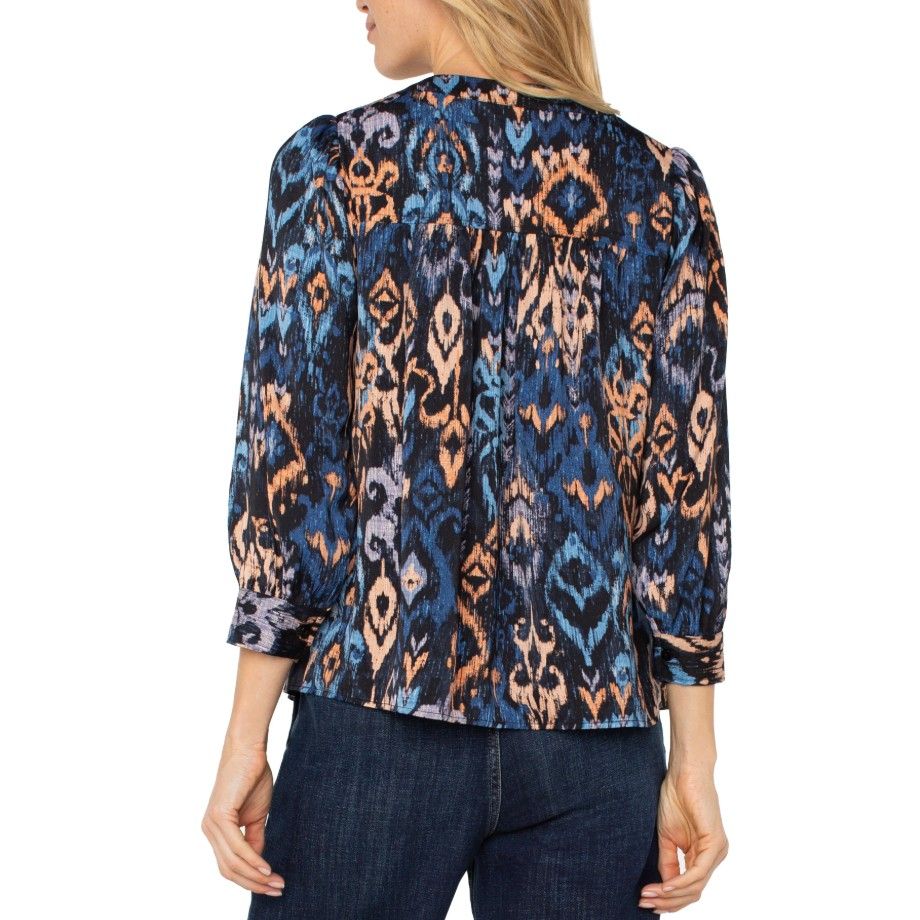 Liverpool Los Angeles 3/4 Sleeve V-neck Woven Blouse - Blue Multi Ikat