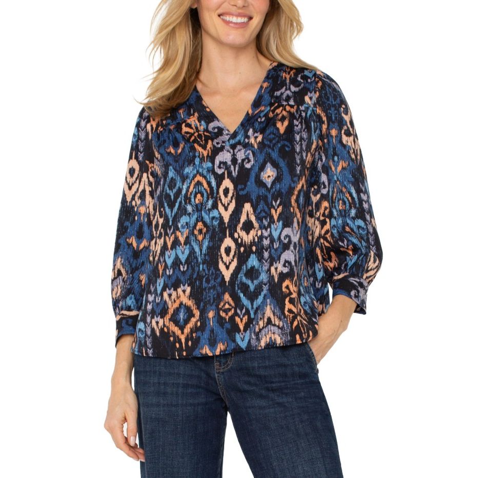 Liverpool Los Angeles 3/4 Sleeve V-neck Woven Blouse - Blue Multi Ikat