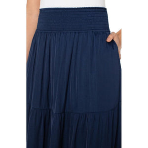 Liverpool Tiered Woven Maxi Skirt with Smocked Waistband - Dark Navy