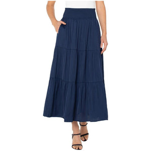 Liverpool Tiered Woven Maxi Skirt with Smocked Waistband - Dark Navy