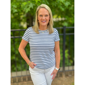 Liverpool Short Sleeve Crew Neck Classic Knit Tee - White Indigo Variegated Stripe - FINAL SALE
