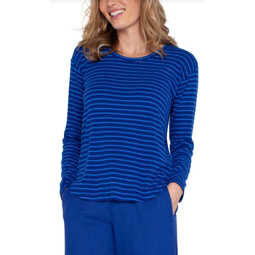 Liverpool Long Sleeve Stripe Knit Top - Blue Topaz