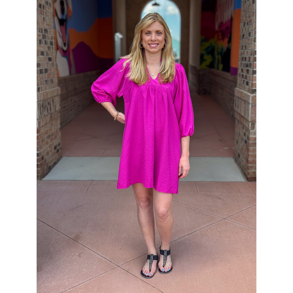 Sharon Textured Puff Sleeve Dress - Magenta