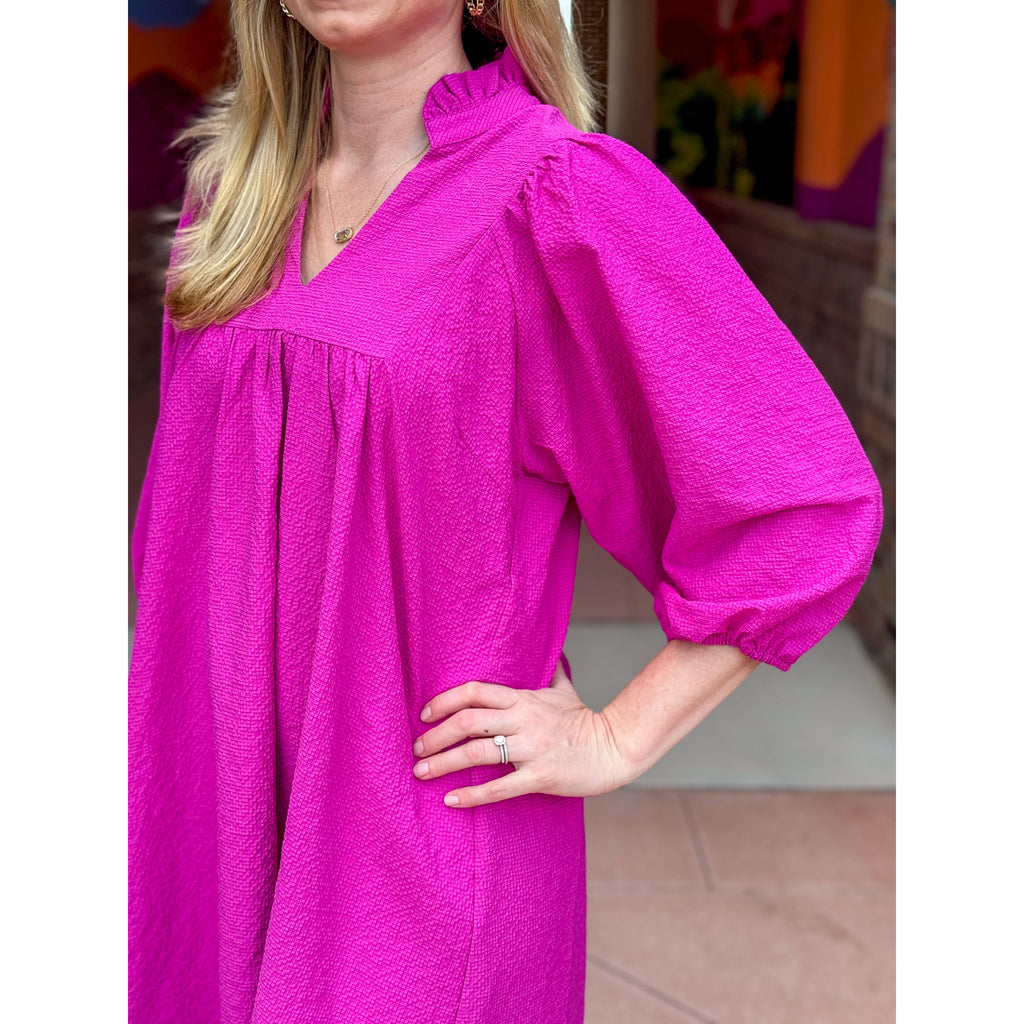 Sharon Textured Puff Sleeve Dress - Magenta
