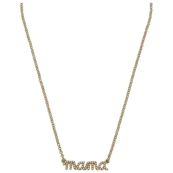 Mama Pearl Studded Script Necklace in Worn Gold