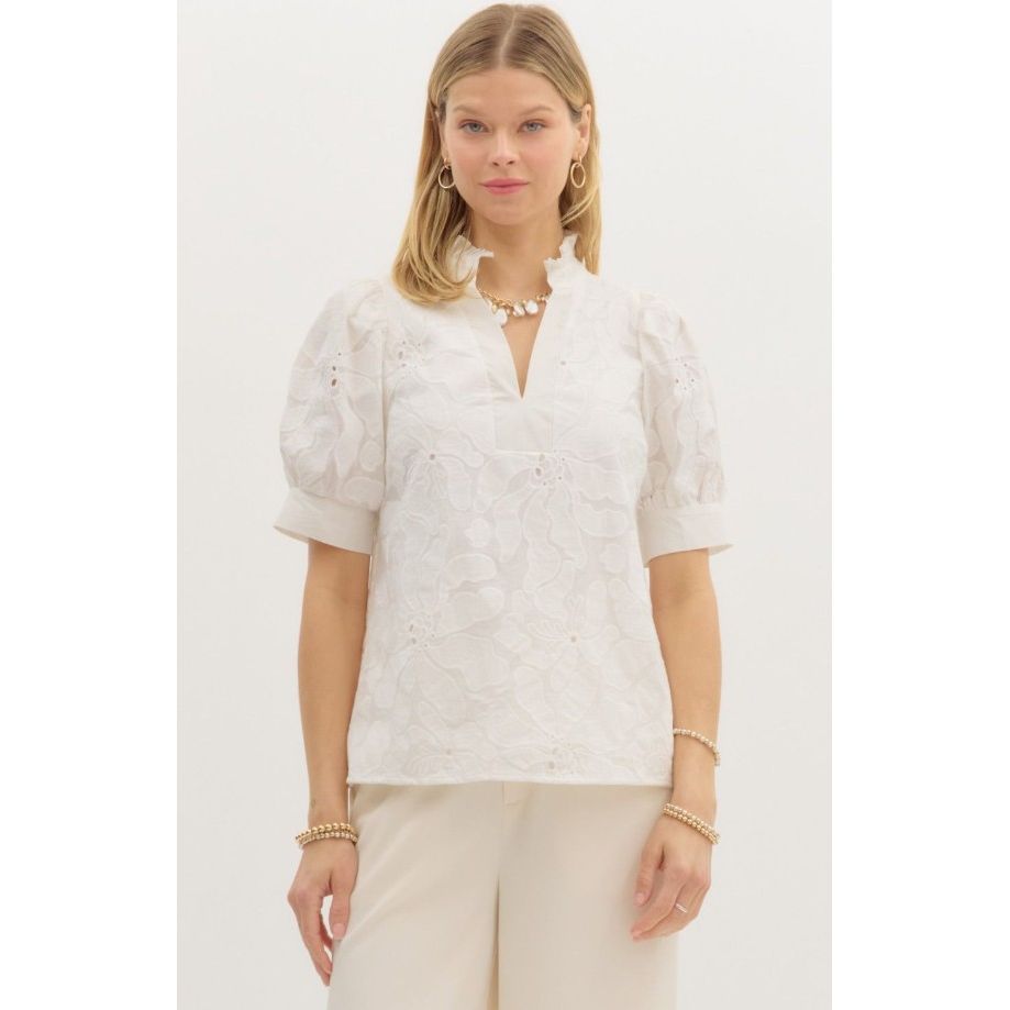 Marianne Embroidered Puff Sleeve Top - White