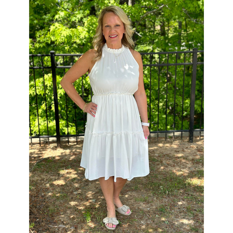 Melanie Ruffle Neck Sleeveless Midi Dress - Off White