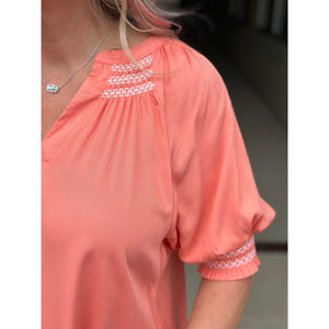 Melina Smocked V-Neck with Contrast Stitching - Coral