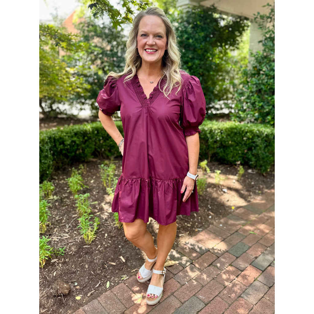 Nola Solid V-Neck Puff Sleeve Mini Dress - Merlot