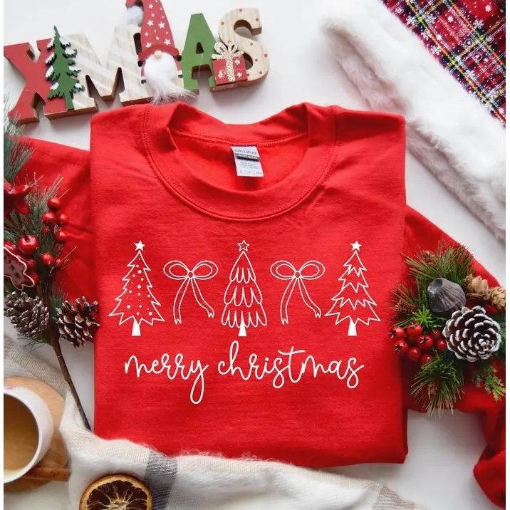 Merry Christmas Trees and Bows Sweatshirt - Red