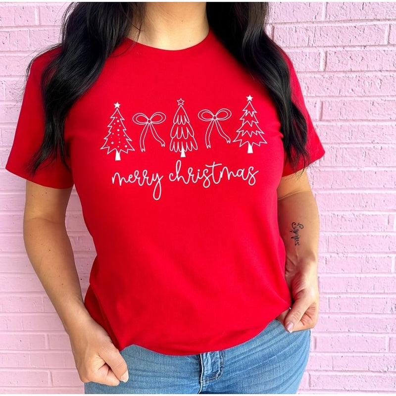 Merry Christmas Trees and Bows Tee - Red