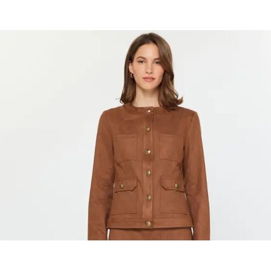 Meryl Collarless Multi Pocket Suede Jacket - Dark Chestnut