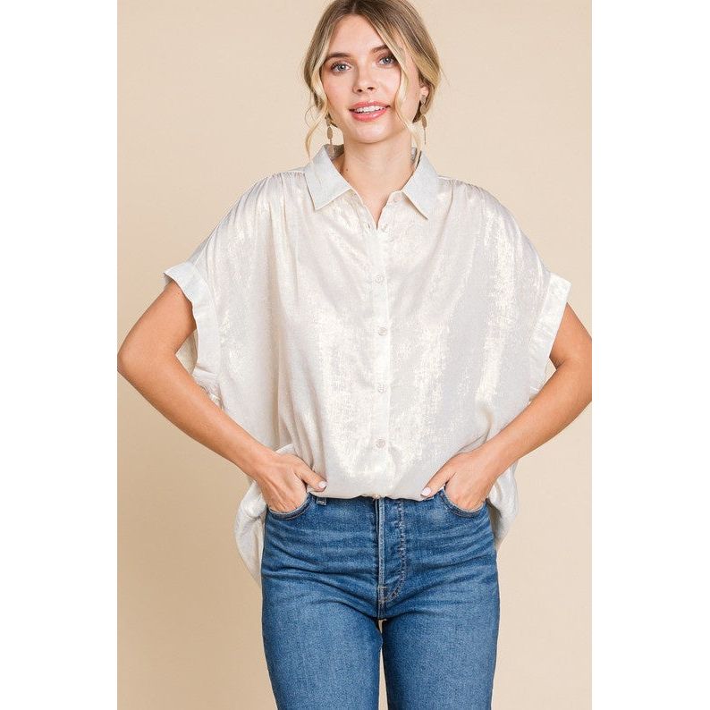 Jacqueline Metallic Collared Button Up Top - Gold