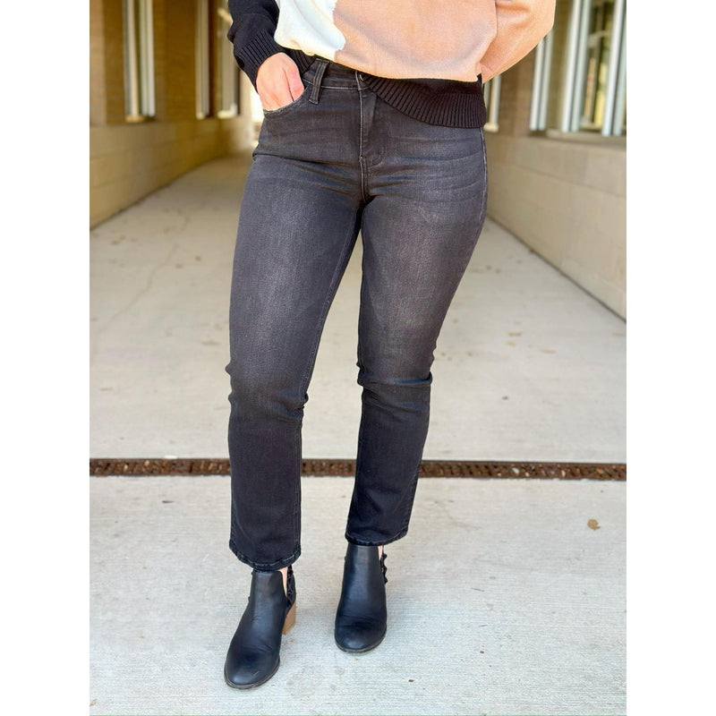 Carlene Mid Rise Ankle Slim Straight Jeans - Black