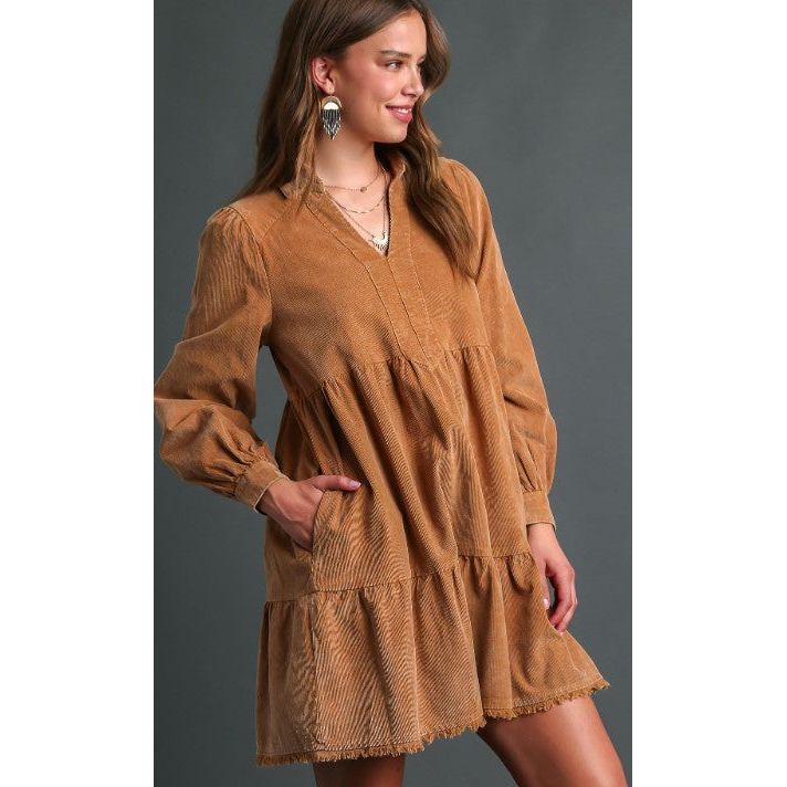 Oaklyn Mineral Wash Corduroy Tiered Dress - Camel