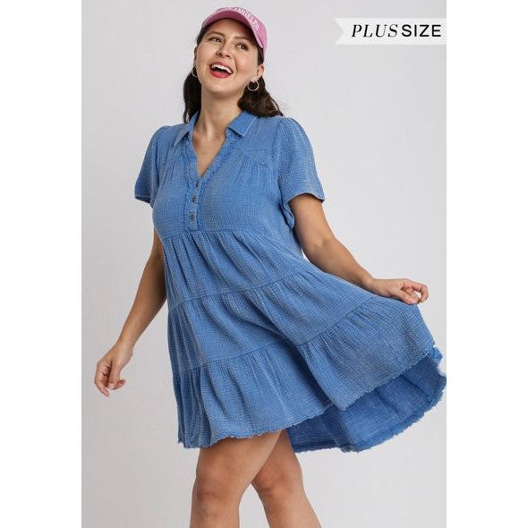 Marissa Plus Mineral Wash Tiered Dress - Ocean Blue