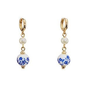 Gold Huggie Hoop with Blue Floral Ceramic Bead and Pearl Dangle Bead Earrings