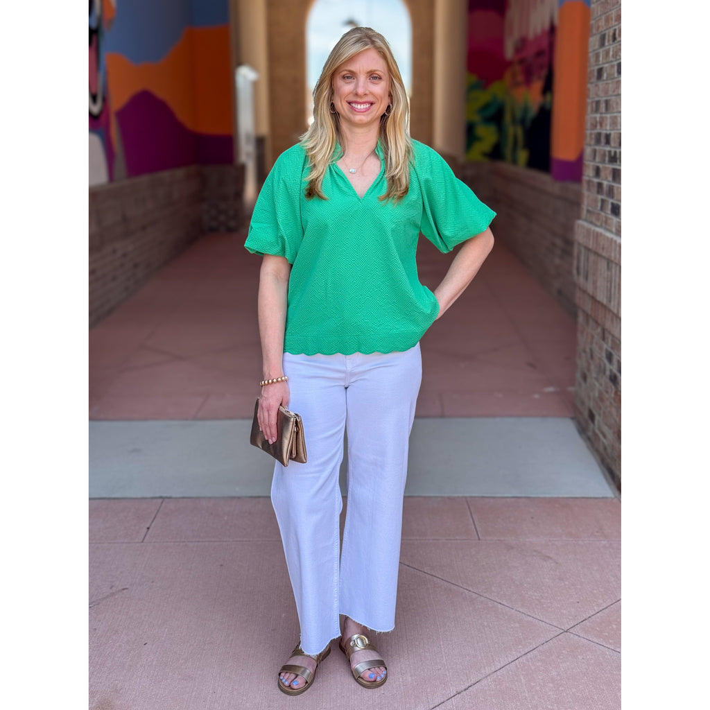 Mira Bubble Sleeve Seersucker Top - Green
