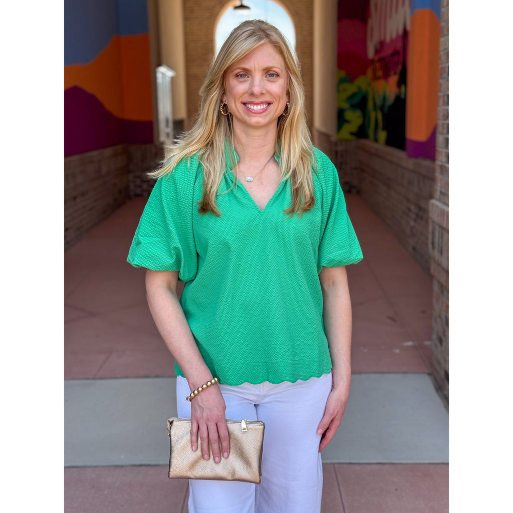 Mira Bubble Sleeve Seersucker Top - Green