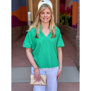 Mira Bubble Sleeve Seersucker Top - Green