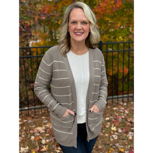 Nikki Classic Striped Cardigan with Front Pockets - Mocha - FINAL SALE