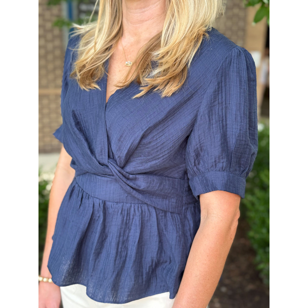 Alexandra Twist Front Peplum Blouse - Navy