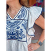 Reyna Embroidered Flutter Sleeve Top - Off White/Navy