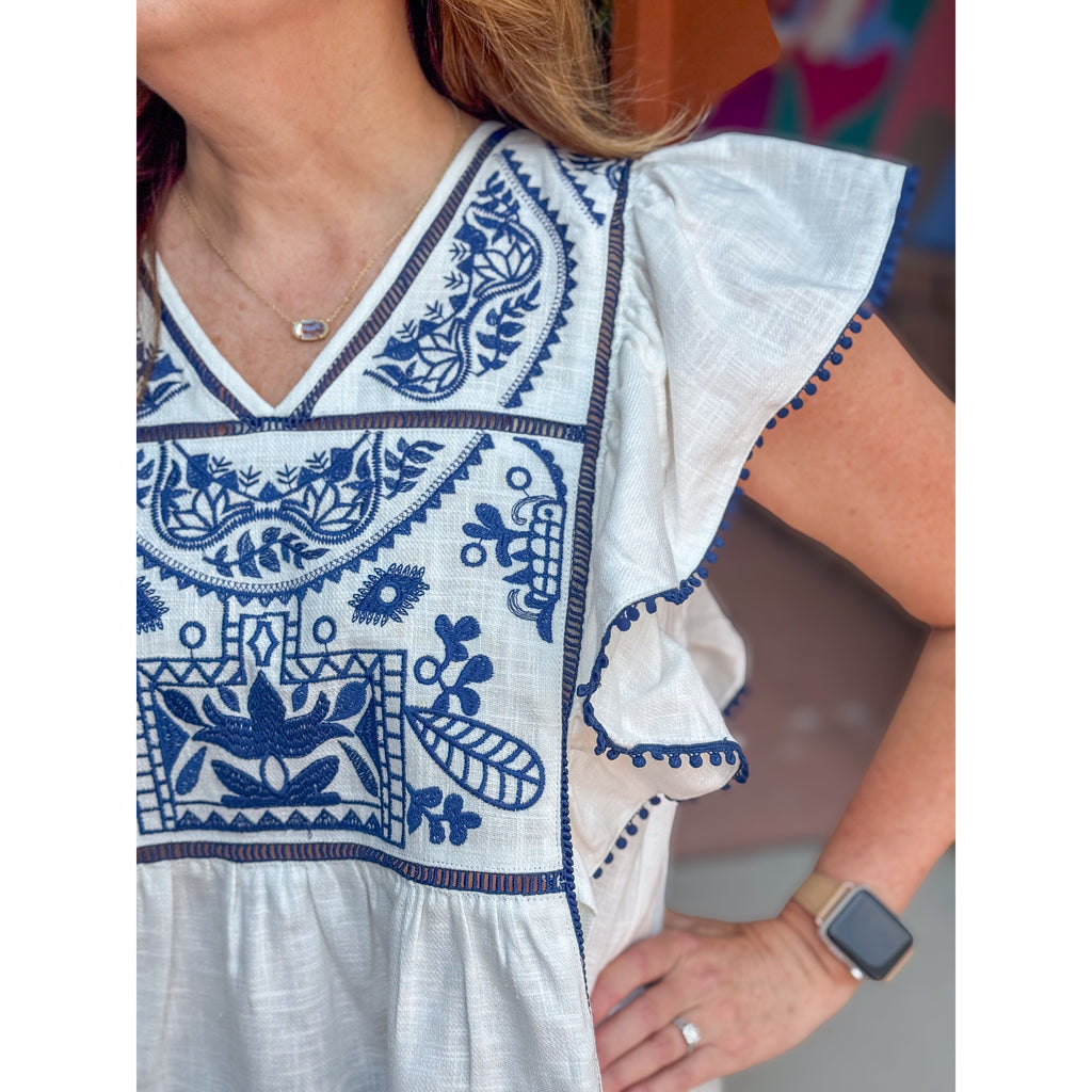 Reyna Embroidered Flutter Sleeve Top - Off White/Navy