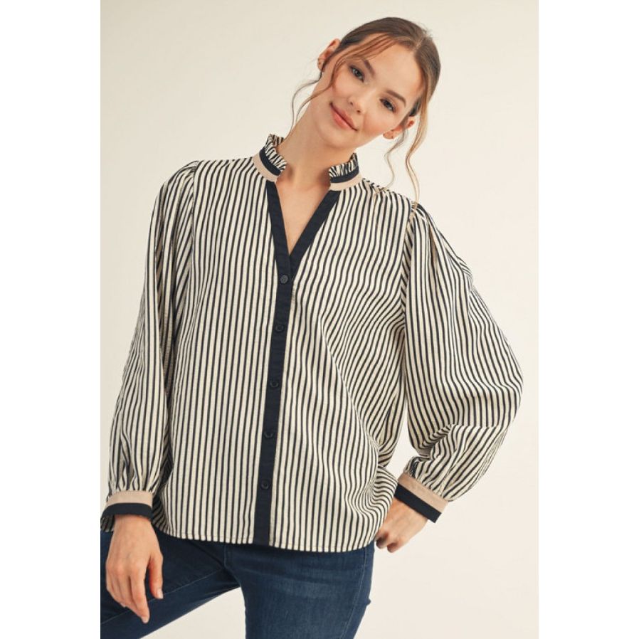 Nikki Button Down Ruffled Neckline Top - Black