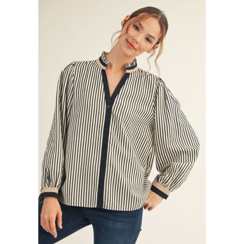 Nikki Button Down Ruffled Neckline Top - Black