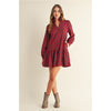 Noelle Long Sleeved Ruffled Neckline Checker Mini Dress - Red