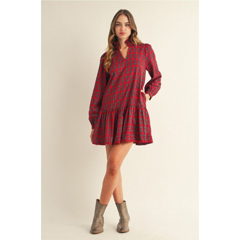 Noelle Long Sleeved Ruffled Neckline Checker Mini Dress - Red