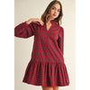 Noelle Long Sleeved Ruffled Neckline Checker Mini Dress - Red