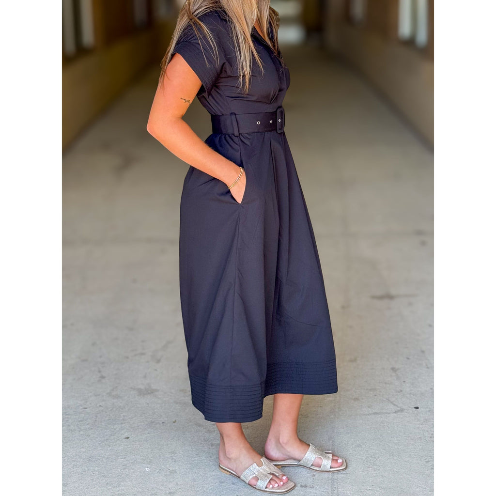 Nyla Solid Short Wing Sleeve Button Front Midi Dress - Black