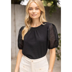 Olivia Floral Organza Puff Sleeve Waffle Knit Top - Black